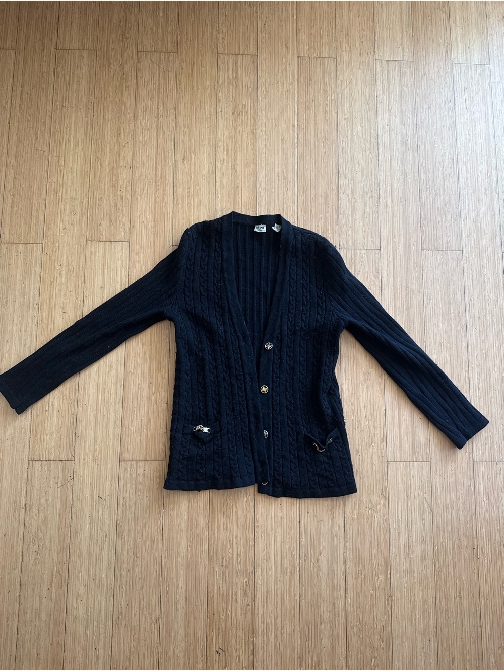 Celine Black Cable-Knit V-Neck Cardigan with Button Front